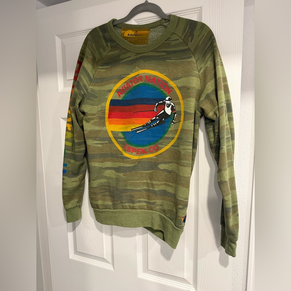 Retired Aviator Nation Camouflage Aspen Crewneck Sweater - Green and Multicolor